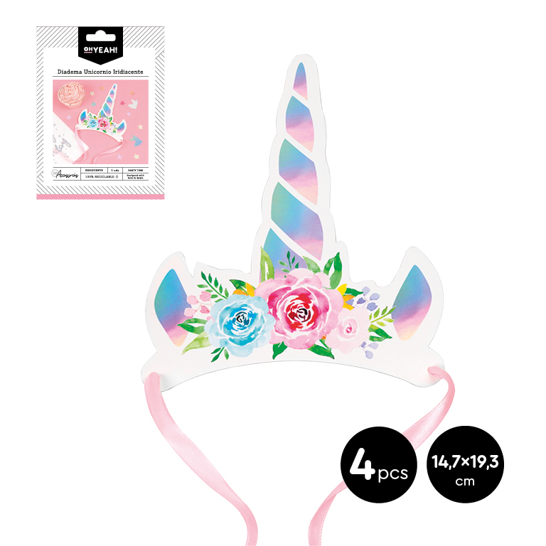 DIADEMA UNICORNIO 116-1001 ACABADO IRIDISCENTE 14.7X19.3CM SET 4UDS