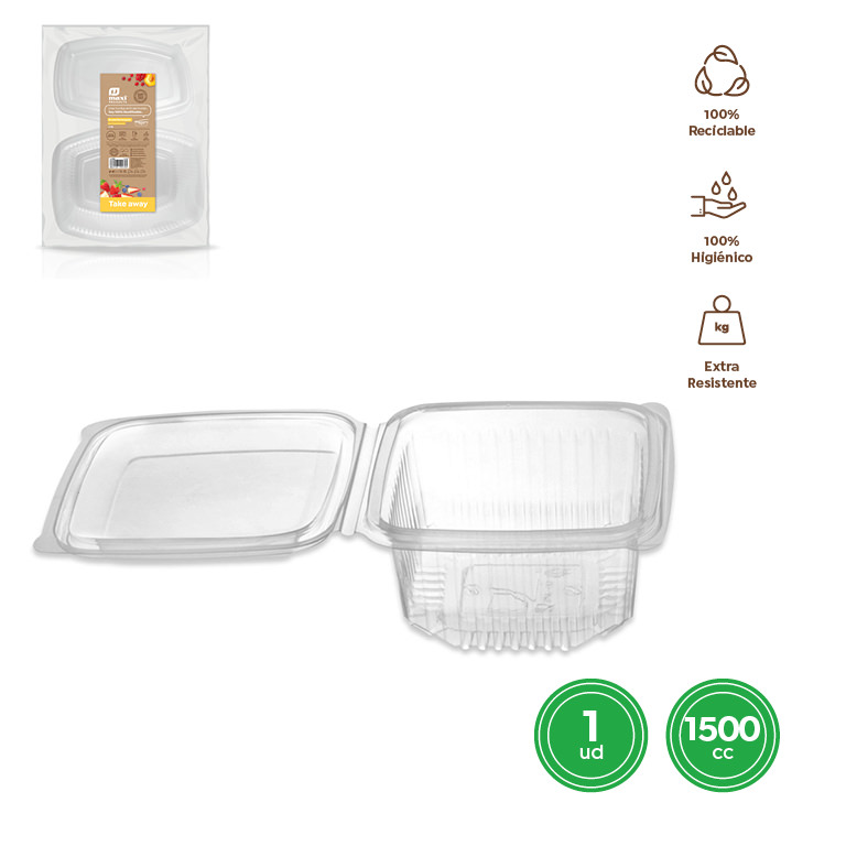 ENVASE CON TAPA 1505R BISAGRA RECTANGULAR TRANSPARENTE 1500CC SET 1UDS