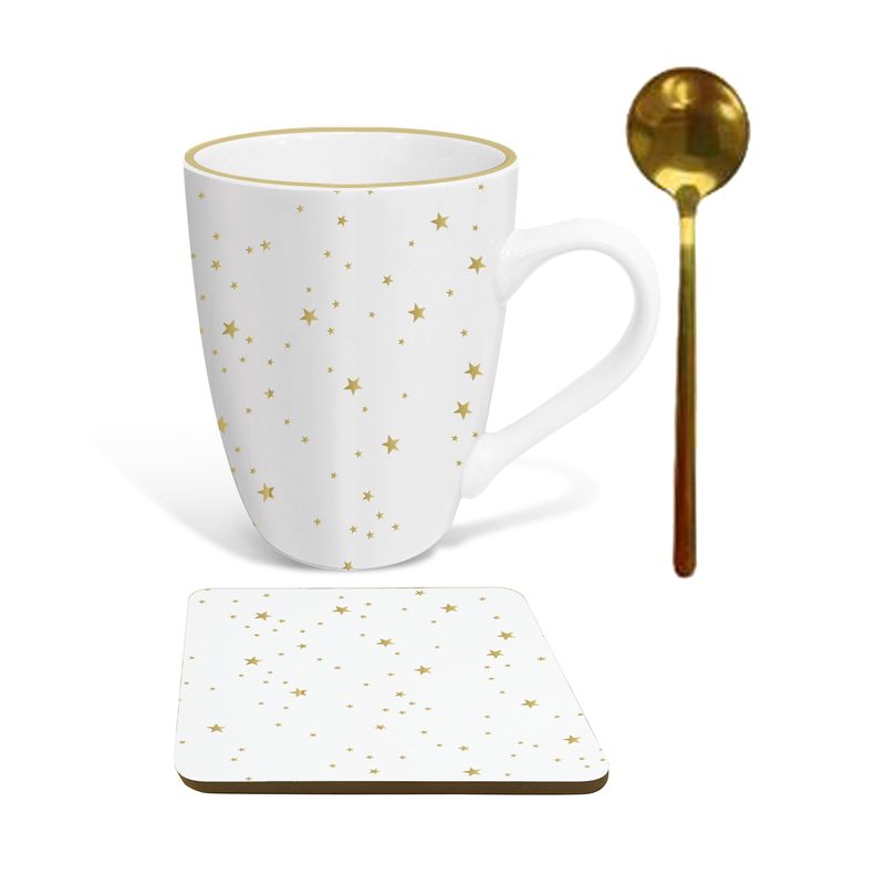 JUEGO TAZA 300ML CON CUCHARA Y POSAVASOS 2776802 ESTRELLAS ORO