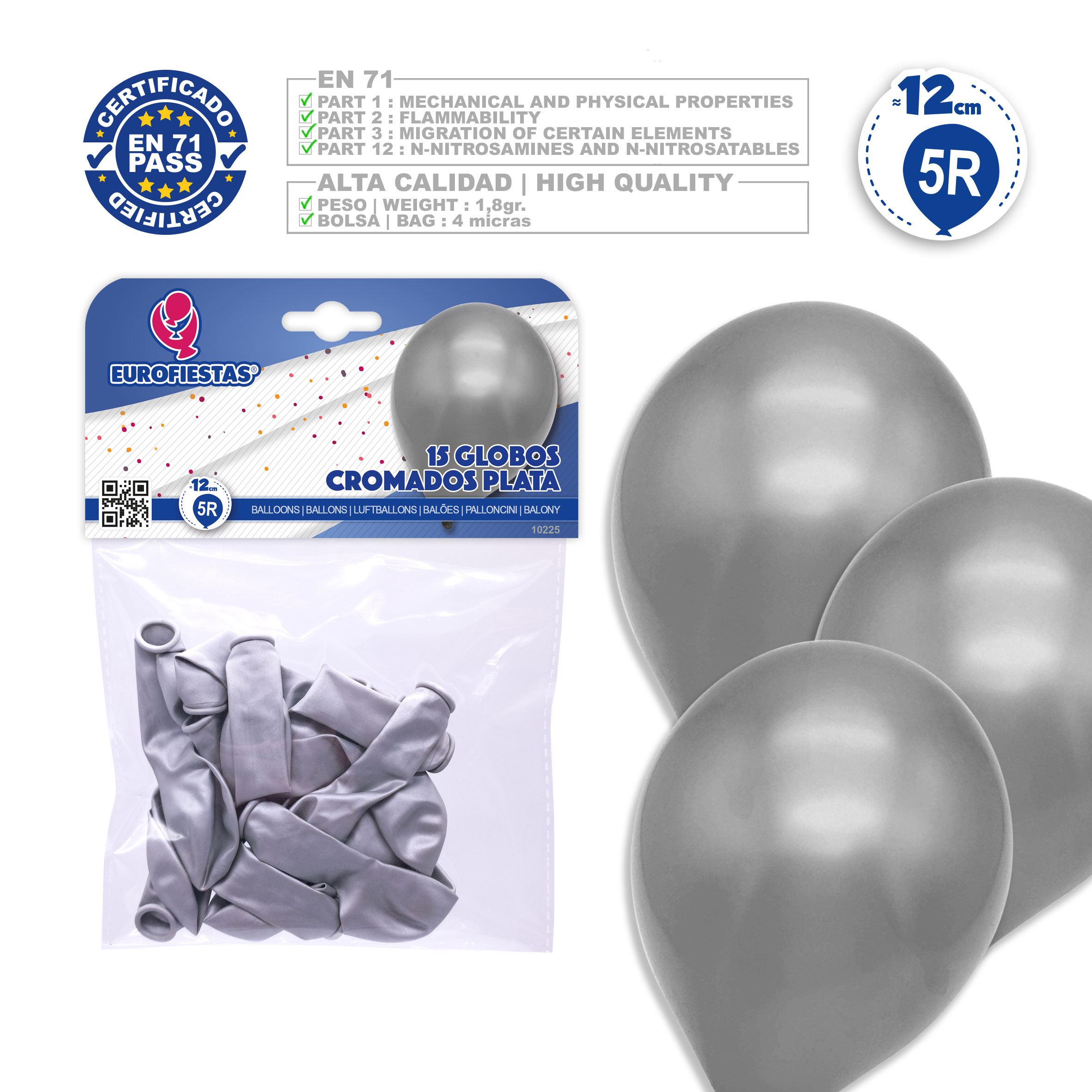 PACK 15 GLOBOS 5R 10225 CROMADOS PLATA