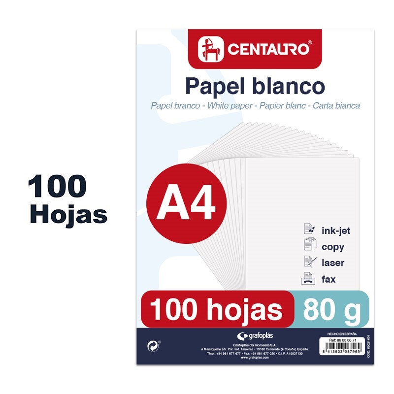 PAQUETE 100 H PAPEL BCO80G A4 CENTAURO 86600071