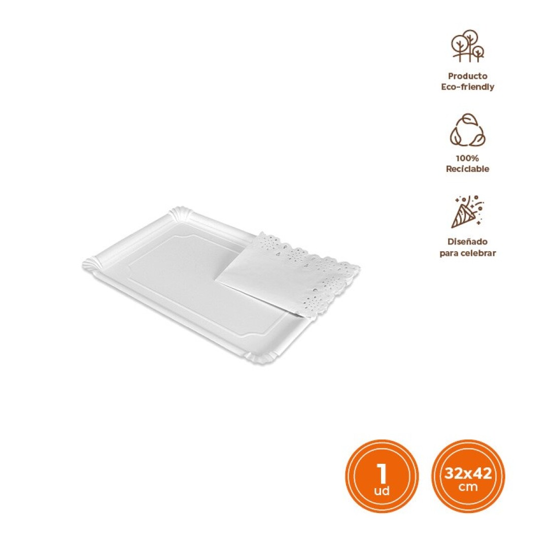 BANDEJA CARTÓN 3037 CON BLONDA RECTANGULAR BLANCA 34X42CM