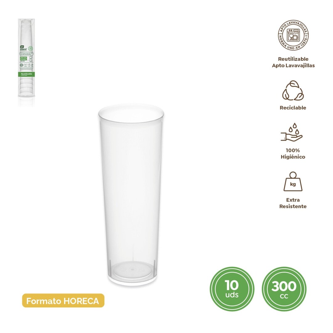 SET 10UDS VASO TUBO REUTILIZABLE TRANSPARENTE 300CC (10OZ)