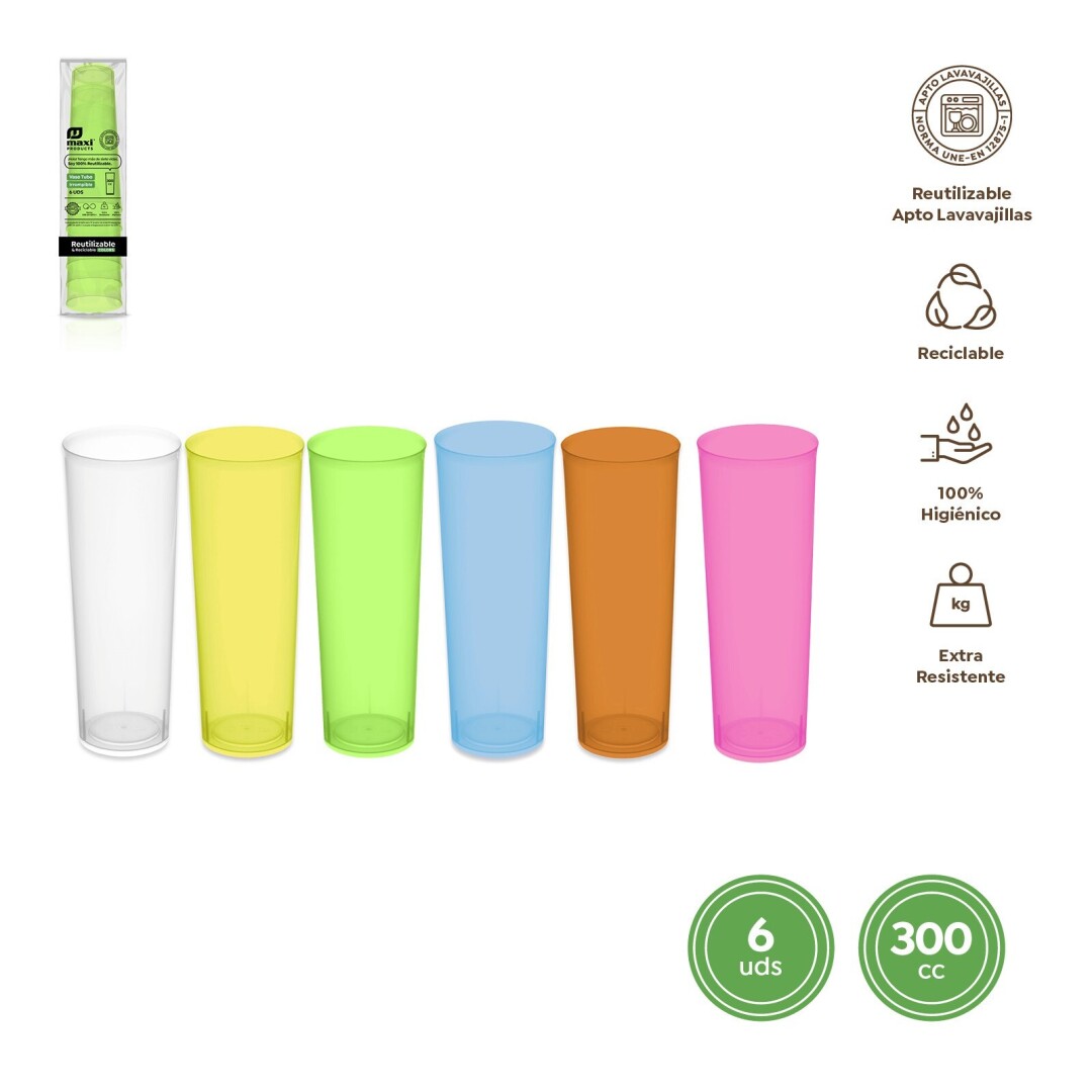 SET 6UDS VASO 1567R TUBO IRROMPIBLE REUTILIZABLE COLORES